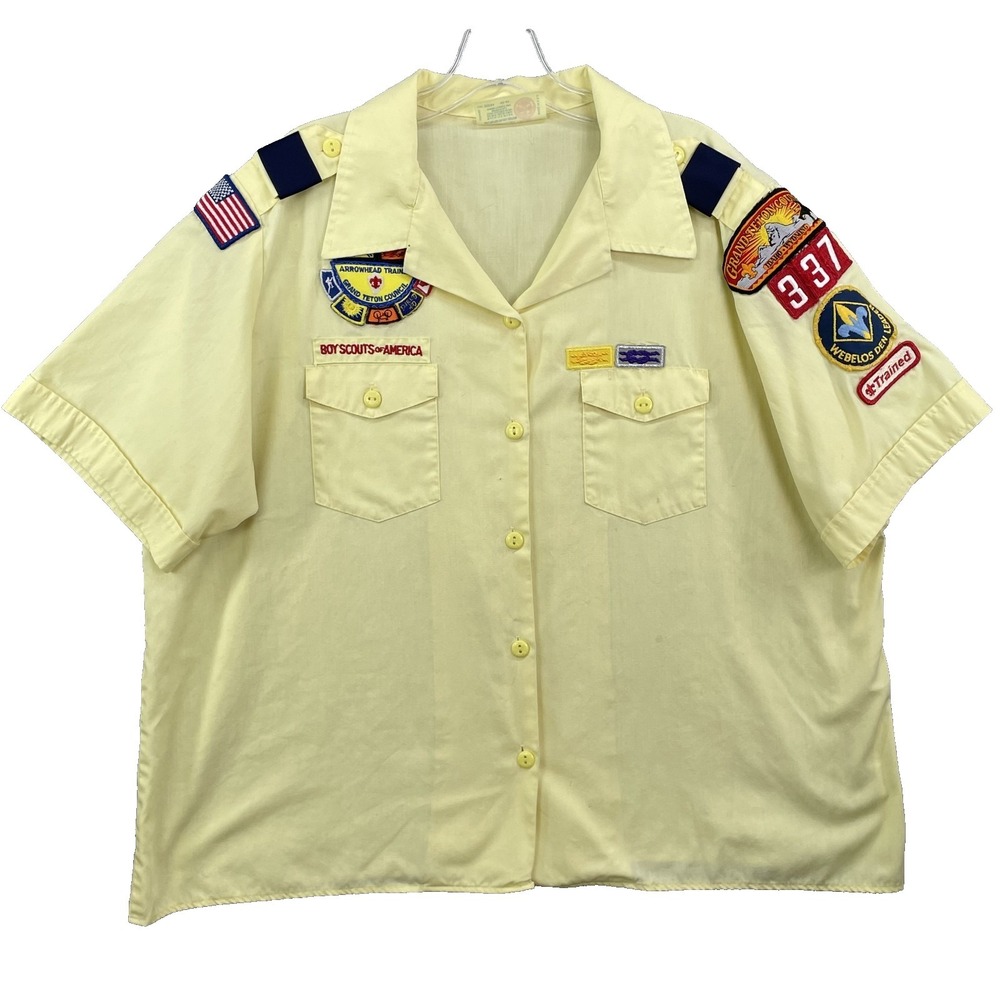 Vintage Boy Scouts of America Blouse Womens 42-44 Yellow BSA Patches Made in USA